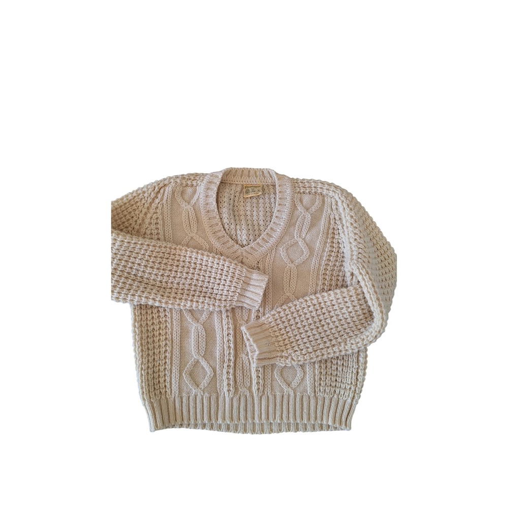 Falcarragh Vintage Wool Cable Knit Sweater XL‎ Cream V-Neck Made in Ireland Aran